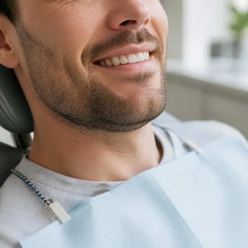 Pacient i buzëqeshur në karrigen dentare