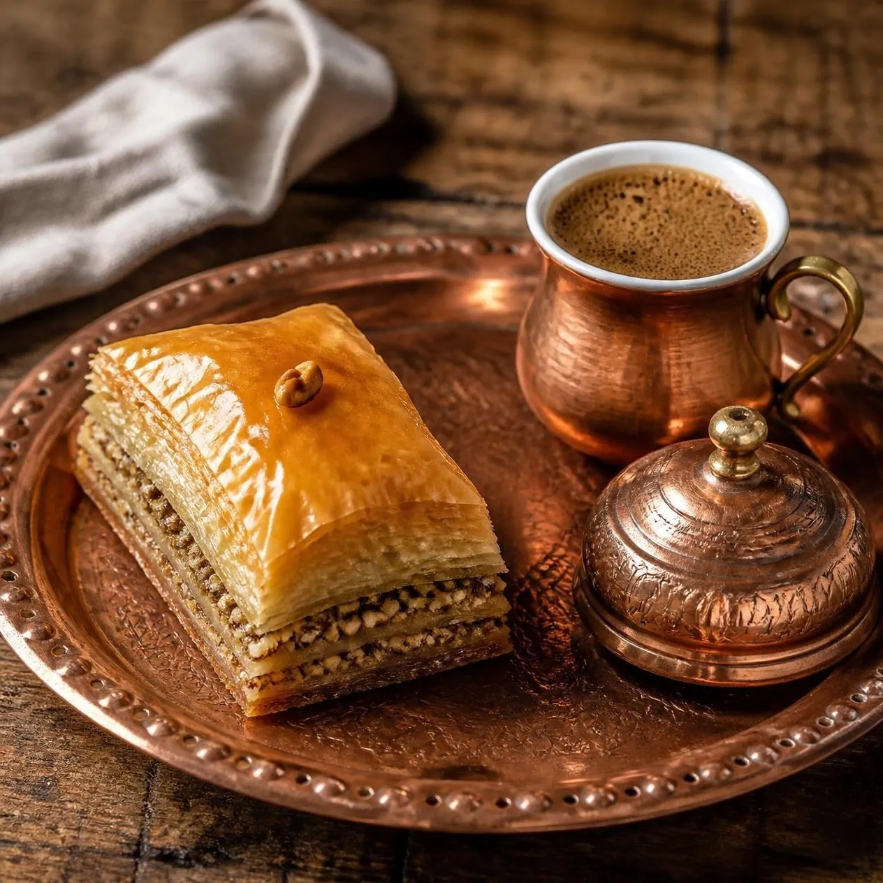 Bakllava dhe kafe turke në tabaka bakri
