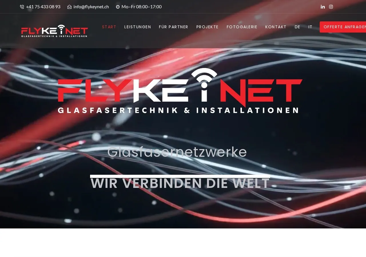 Website von Fly KeyNet, Glasfaser-Installationen in der Schweiz